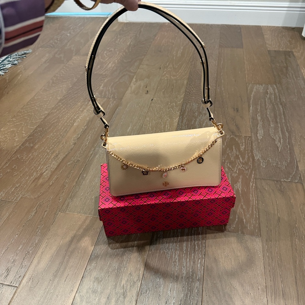 Tory Burch Elegant Convertible Crossbody Bag with Gold removable Charms